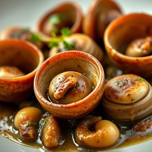 Close-up of meticulously plated escargots bourguignon.