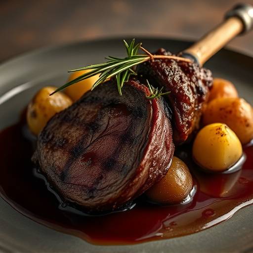 Image of Antoine Dubois's signature dish: Roasted Lamb Loin with Rosemary Potatoes and Red Wine Reduction